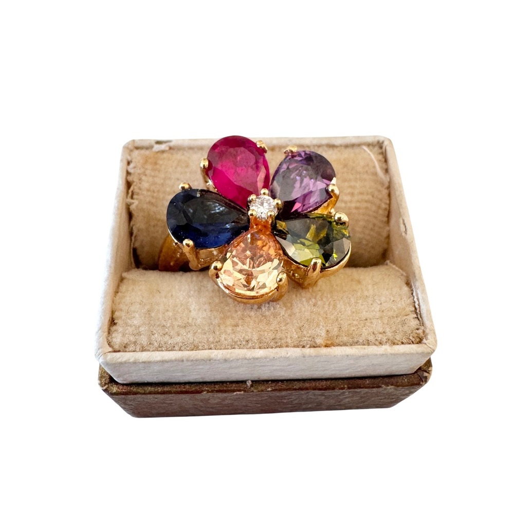 Vintage 1980s Multicolor Flower Cocktail Statement Ring‎ Gold Tone Size 7.5